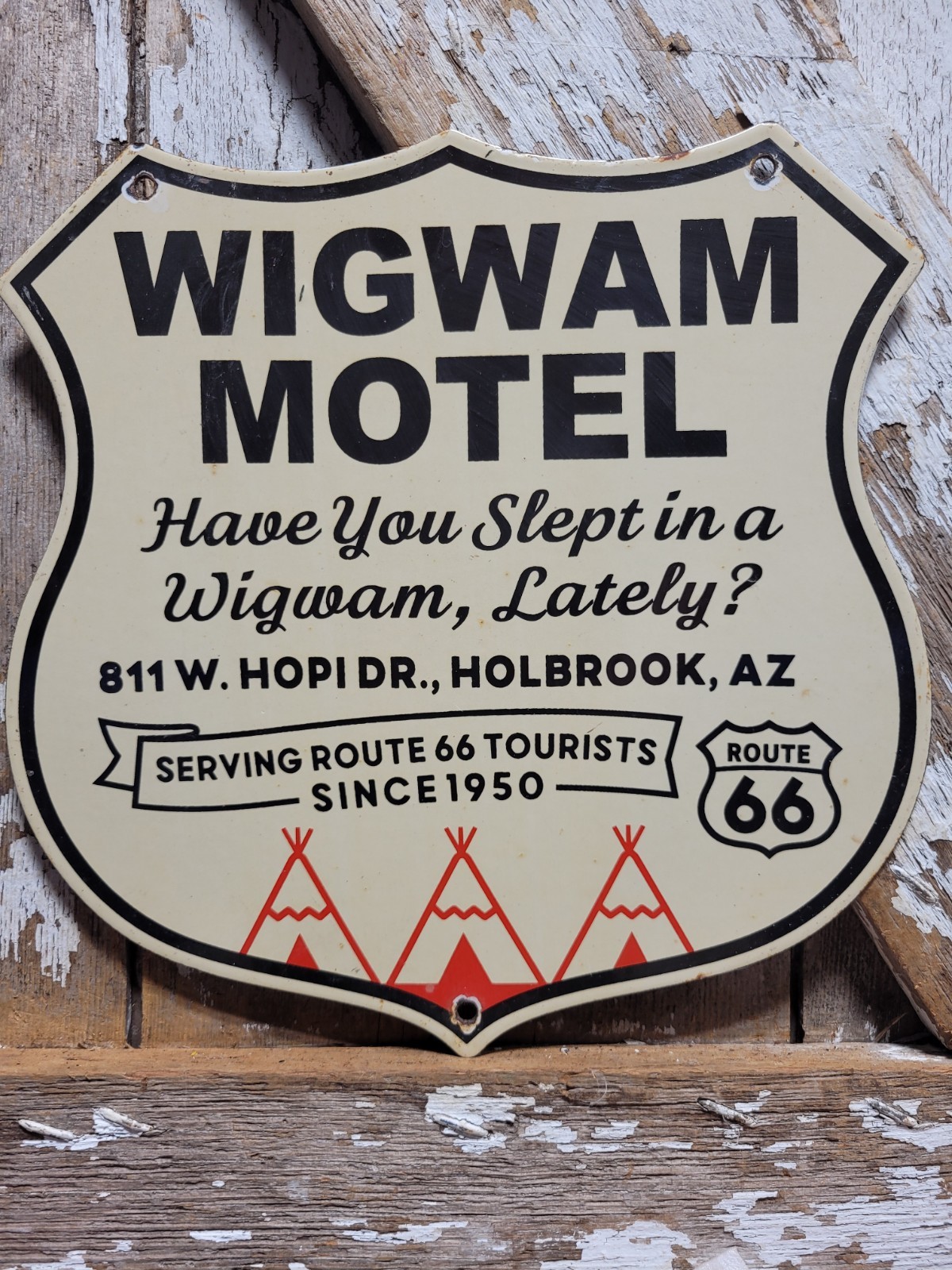 VINTAGE WIGWAM MOTEL PORCELAIN SIGN OLD ROUTE 66 ARIZONA TEEPEE HOTEL GAS STOP
