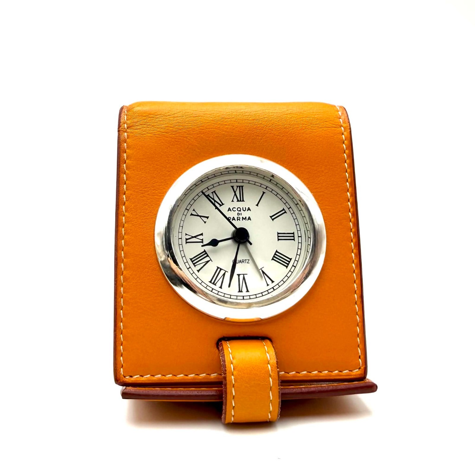 Vintage Acqua di Parma .926 Sterling Silver Orange Leather Travel Clock Rare