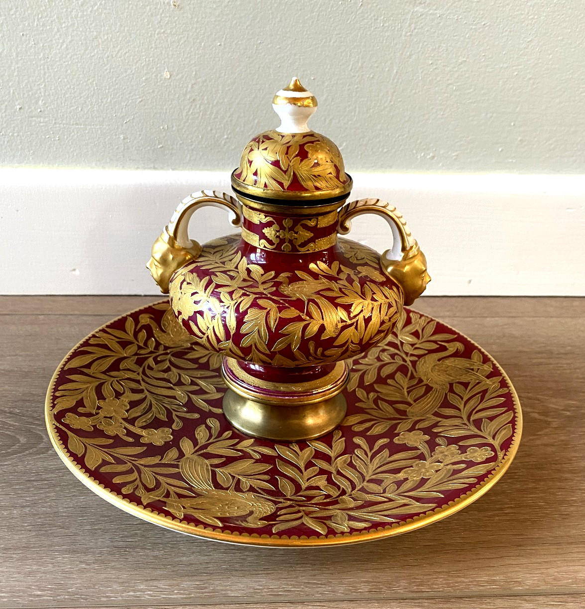 Antique Royal Crown Derby Figural Inkwell Heavily Gilded Ruby Red- Old Marriage