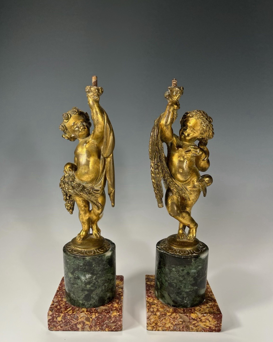 Pair French France Neoclassical Gilt Bronze Putto Elements ca. 19-20th c.
