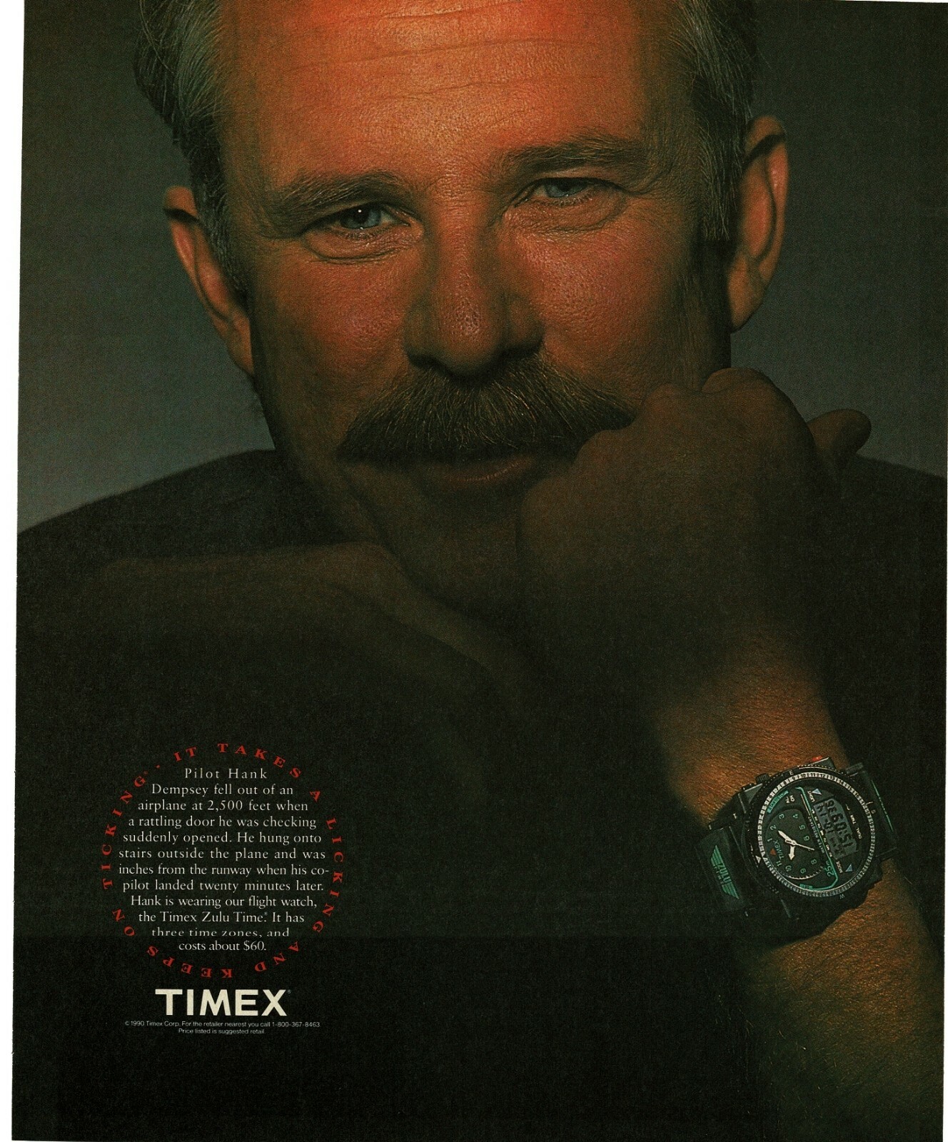 1990 TIMEX Zulu Time flight watch Pilot Hank Dempsey Vintage Print Ad