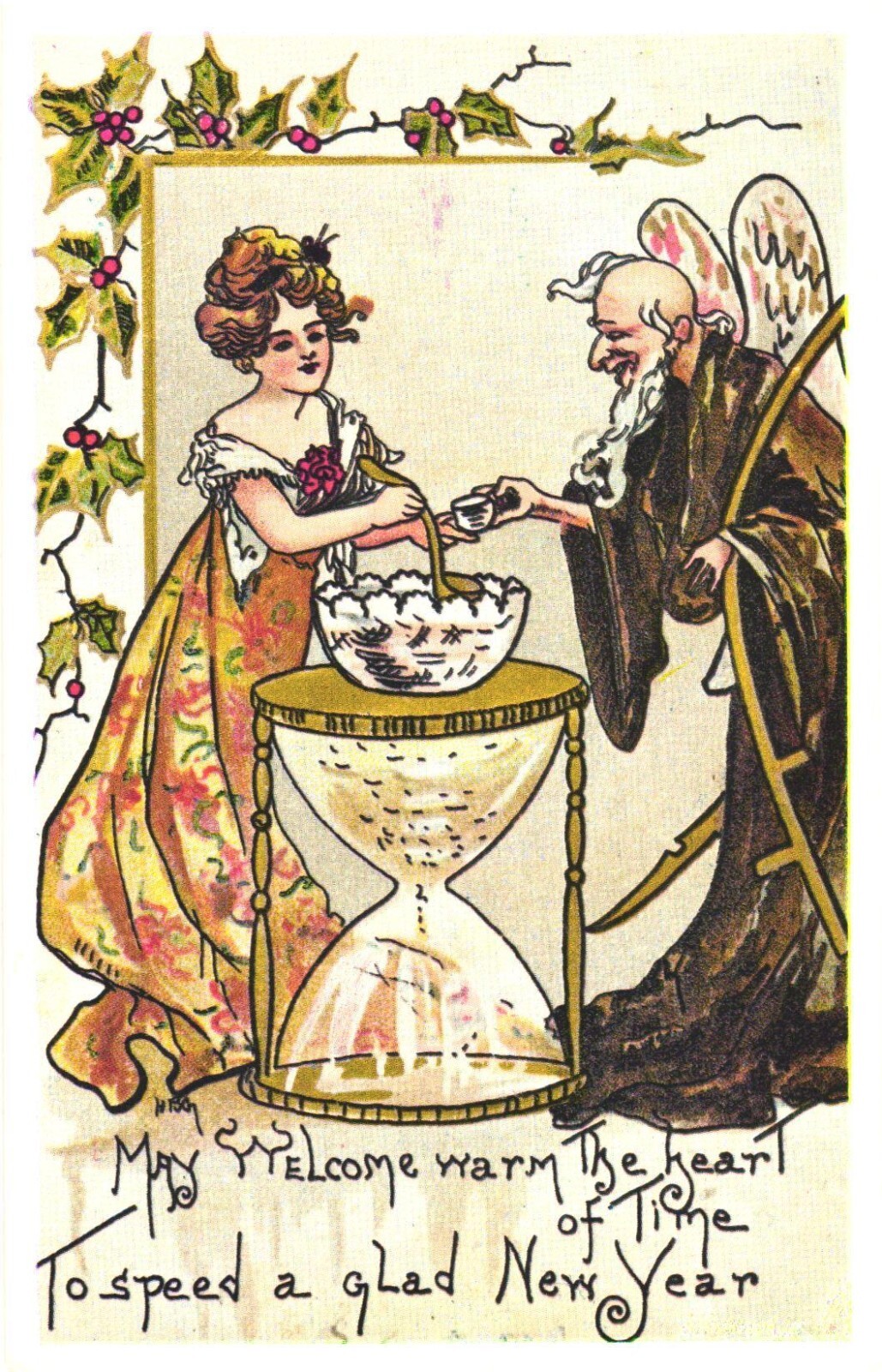 New Year Greetings Father Time Hourglass Allegory Divided Back Postcard c. 1910 New Year Greetings Father Time Hourglass Allegory Divided Back Postcard c. 1910