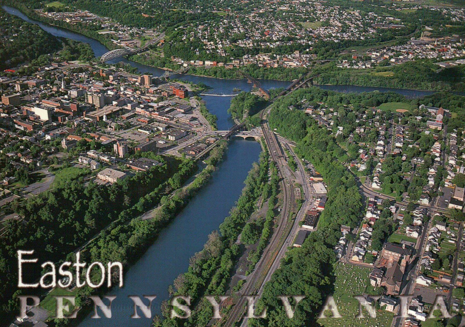 Aerial View of Easton, Pennsylvania, Delaware & Lehigh River, Bridges - Postcard Aerial View of Easton, Pennsylvania, Delaware & Lehigh River, Bridges - Postcard