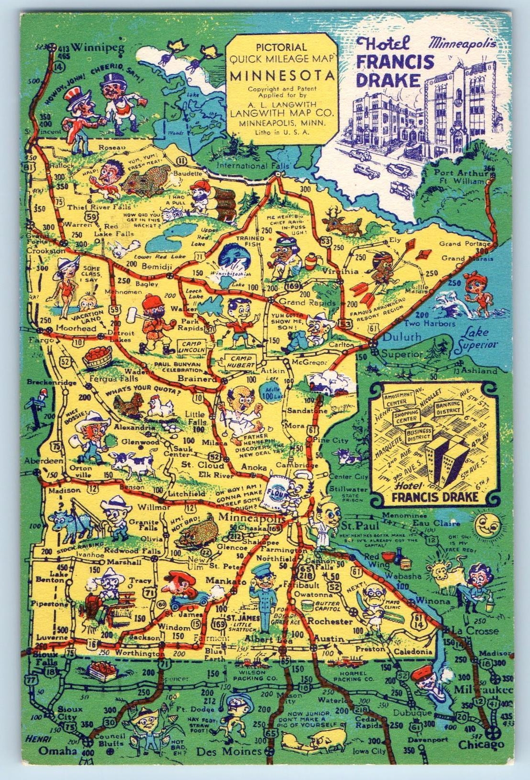 1949 Pictorial Mileage Map Minnesota Hotel Francis Minneapolis Minnesota Postcar 1949 Pictorial Mileage Map Minnesota Hotel Francis Minneapolis Minnesota Postcar