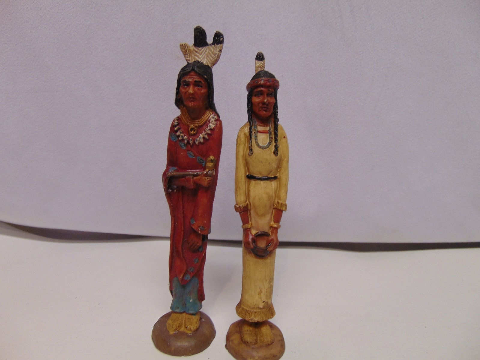 pair of Native American Warriror & women hand carved ceramic figurines 6.5\