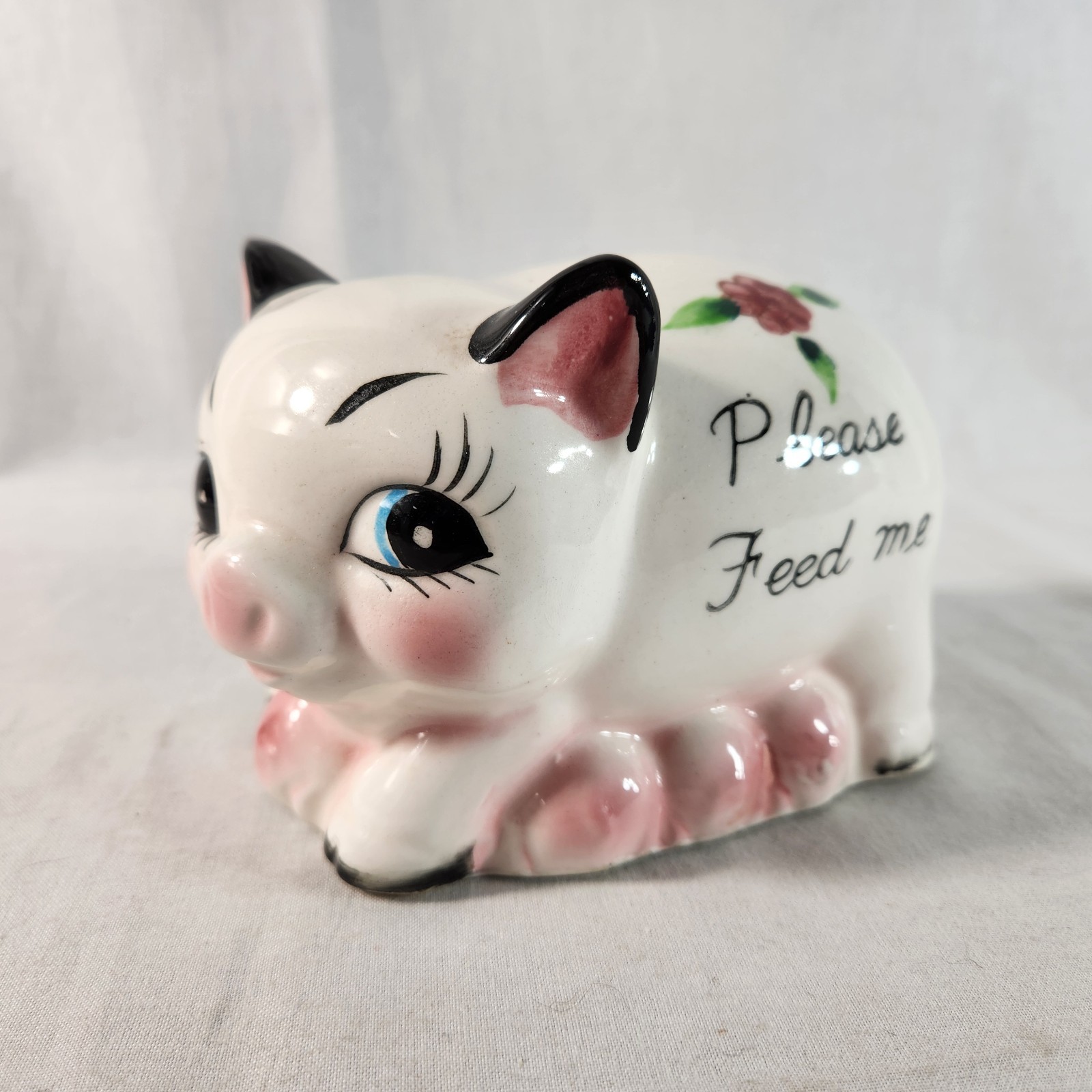 Ries Japan Ceramic Piggy Bank White Vintage 1950s-1960s Hand Painted + Plug