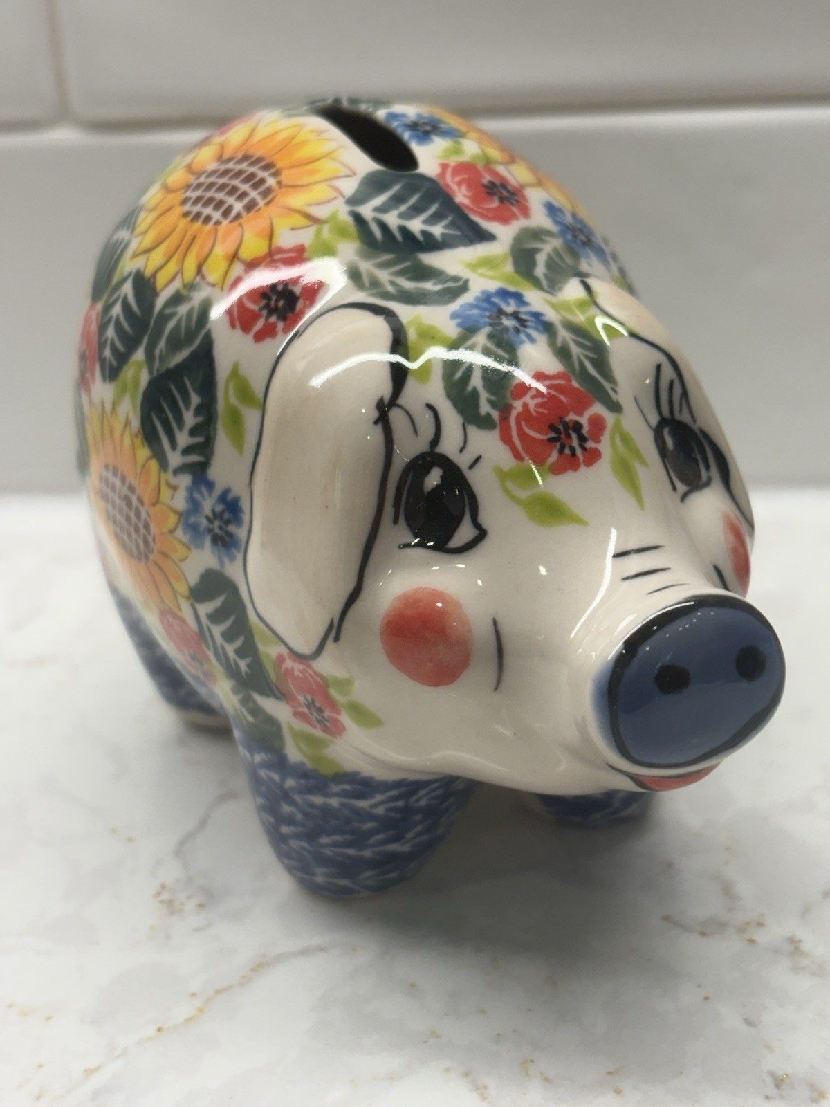 Kalich Polish Pottery Piggy Bank Sunflower UNIKAT Boleslawiec No Stopper 5\