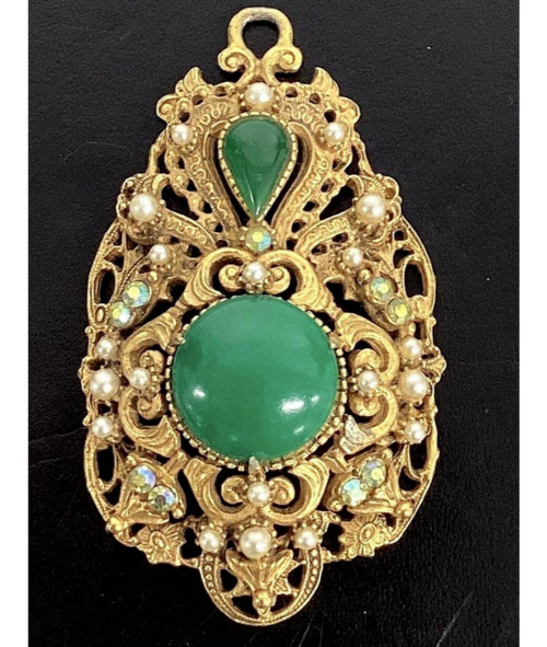 FLORENZA Pendant Pin Green FILIGREE Gold Lucite Cabochon AB VTG Brooch Rare 3\