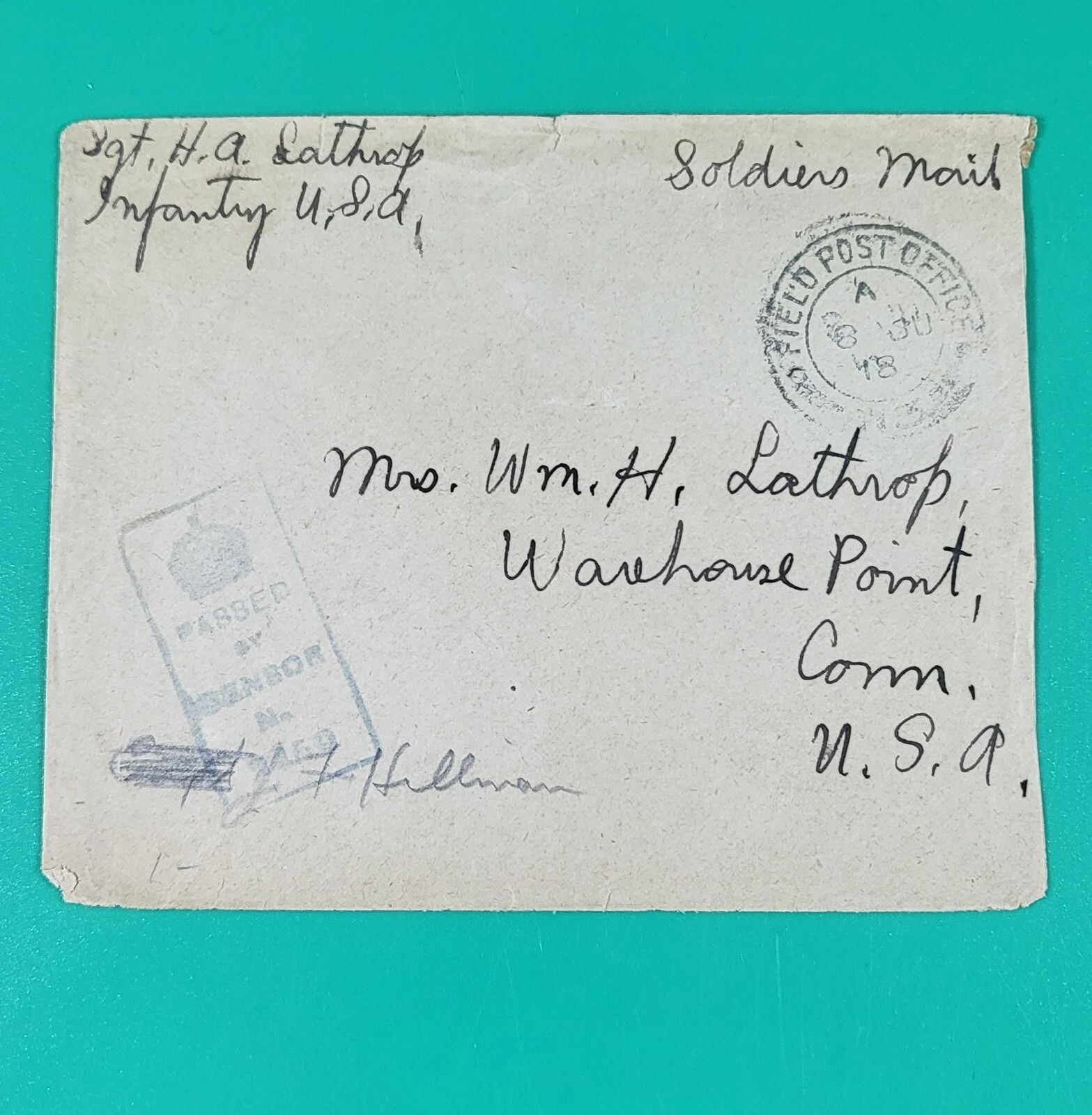 WWI Field Post Cover Envelope Censor Stamps Warehouse Point CT WWI Field Post Cover Envelope Censor Stamps Warehouse Point CT