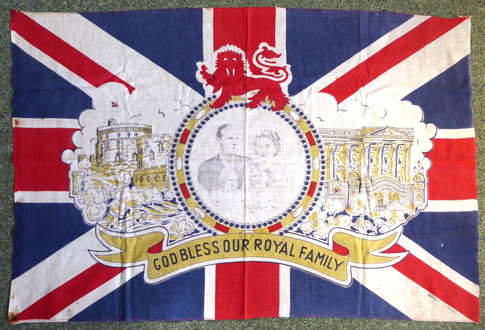 Vintage Royal Family Union Jack Flag - Young Queen Elizabeth & Family - British