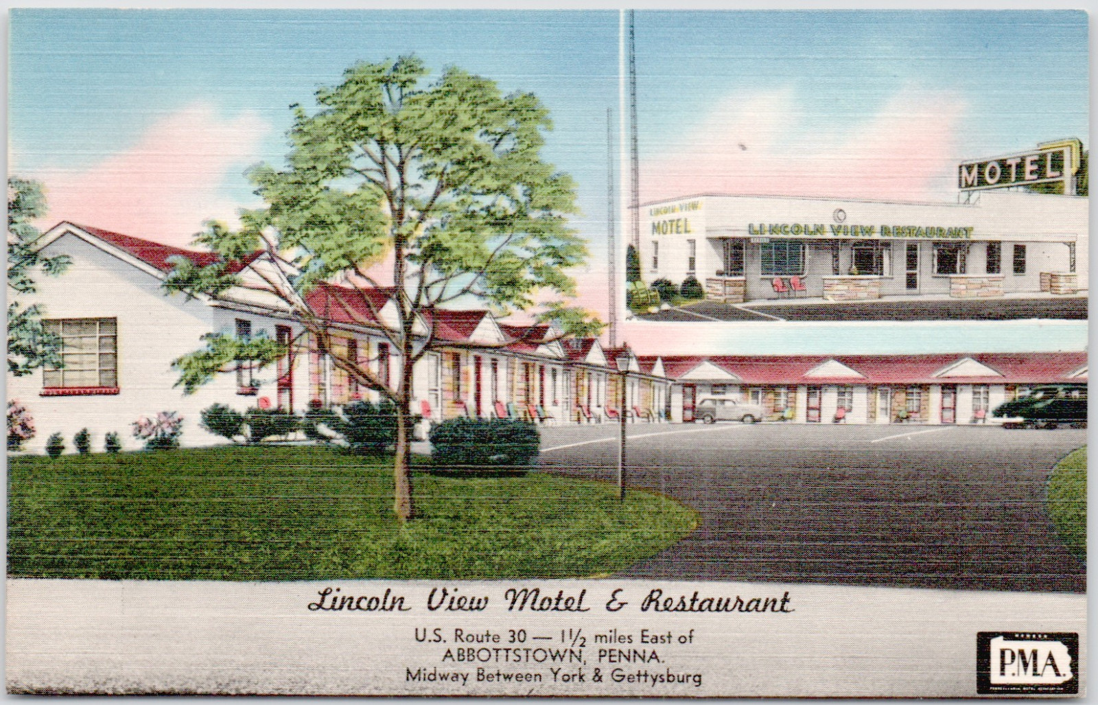 Lincoln View Motel Restaurant Abbottstown Pennsylvania PA 1940s Linen Postcard