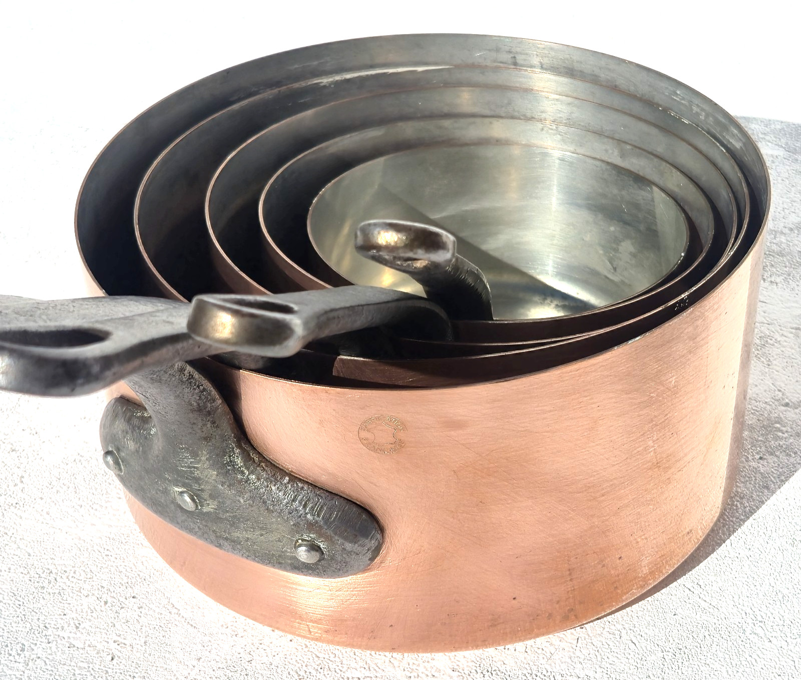 Vintage French Copper Pan Set of 5 Stamped Made in France Tin Lining 9.3lbs Vintage French Copper Pan Set of 5 Stamped Made in France Tin Lining 9.3lbs