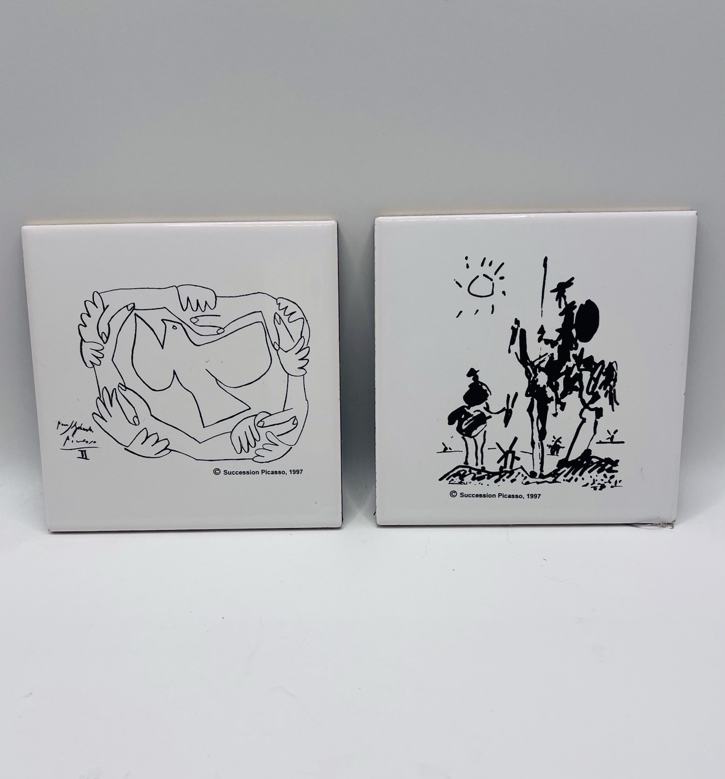 Set of 2 Picasso Succession Ceramic Tile Coasters 1997 Don Quixote Hands w/ Dove Set of 2 Picasso Succession Ceramic Tile Coasters 1997 Don Quixote Hands w/ Dove