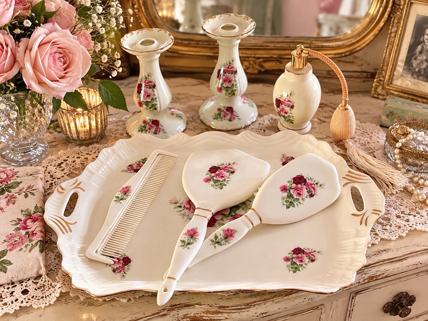 VTG Formalities Baum  Vanity Set Roses  Atomizer Mirror Tray Set Cottagecore