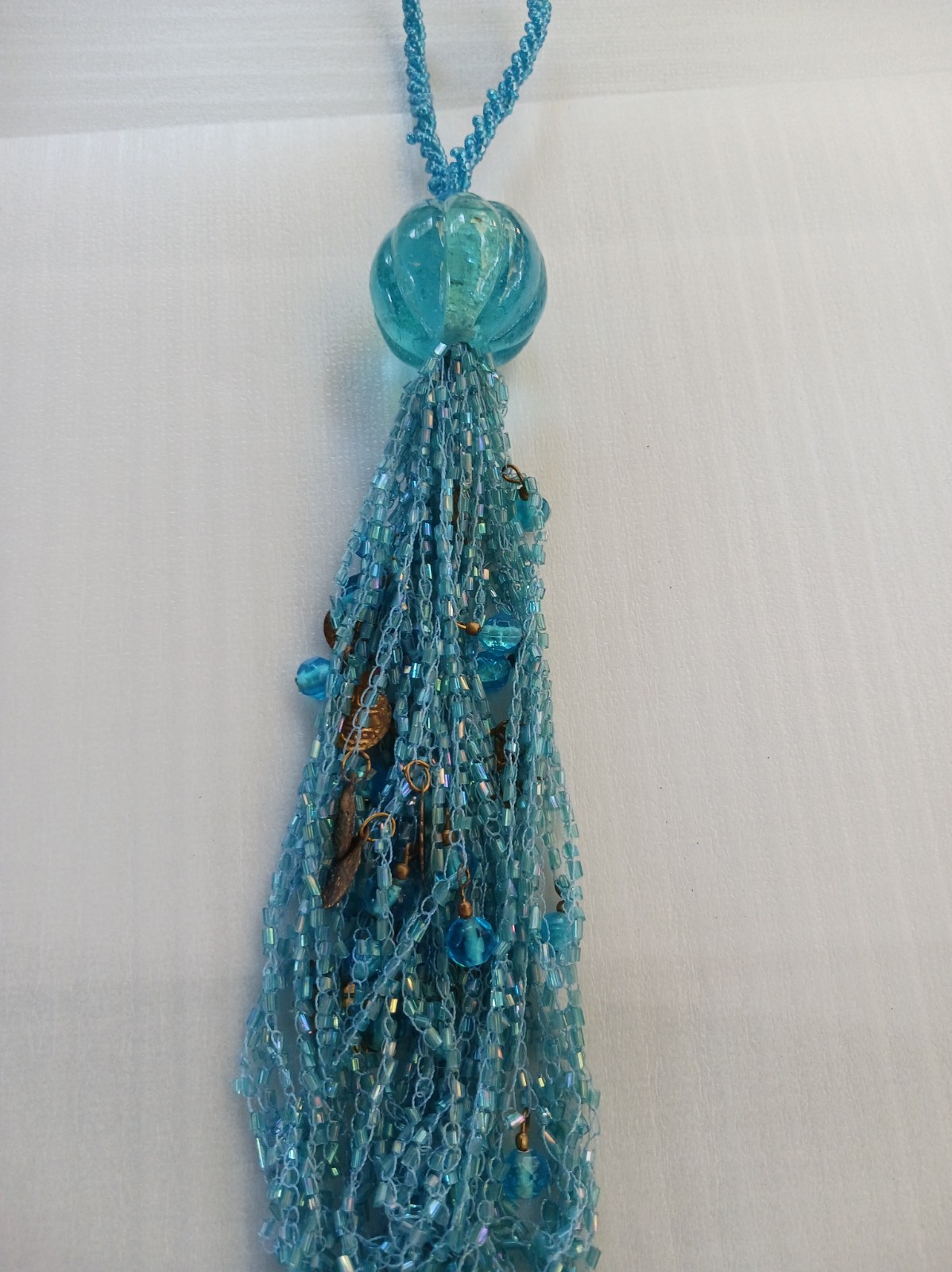 Handcrafted Beaded Tassel Ornament Pendant Aqua Blue Glass Brass Coin Dangles