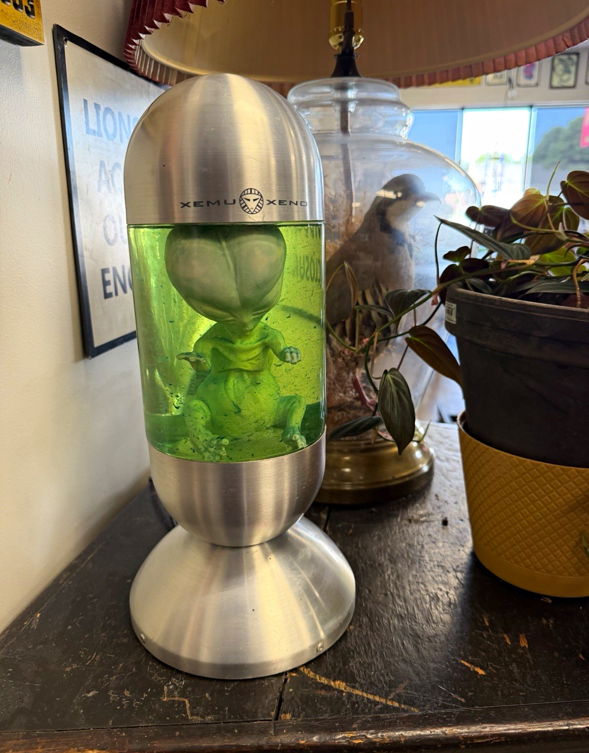 Xemu Xeno Alien Novelty Table Lamp Green Light Brushed Silver Metal Glass Xemu Xeno Alien Novelty Table Lamp Green Light Brushed Silver Metal Glass