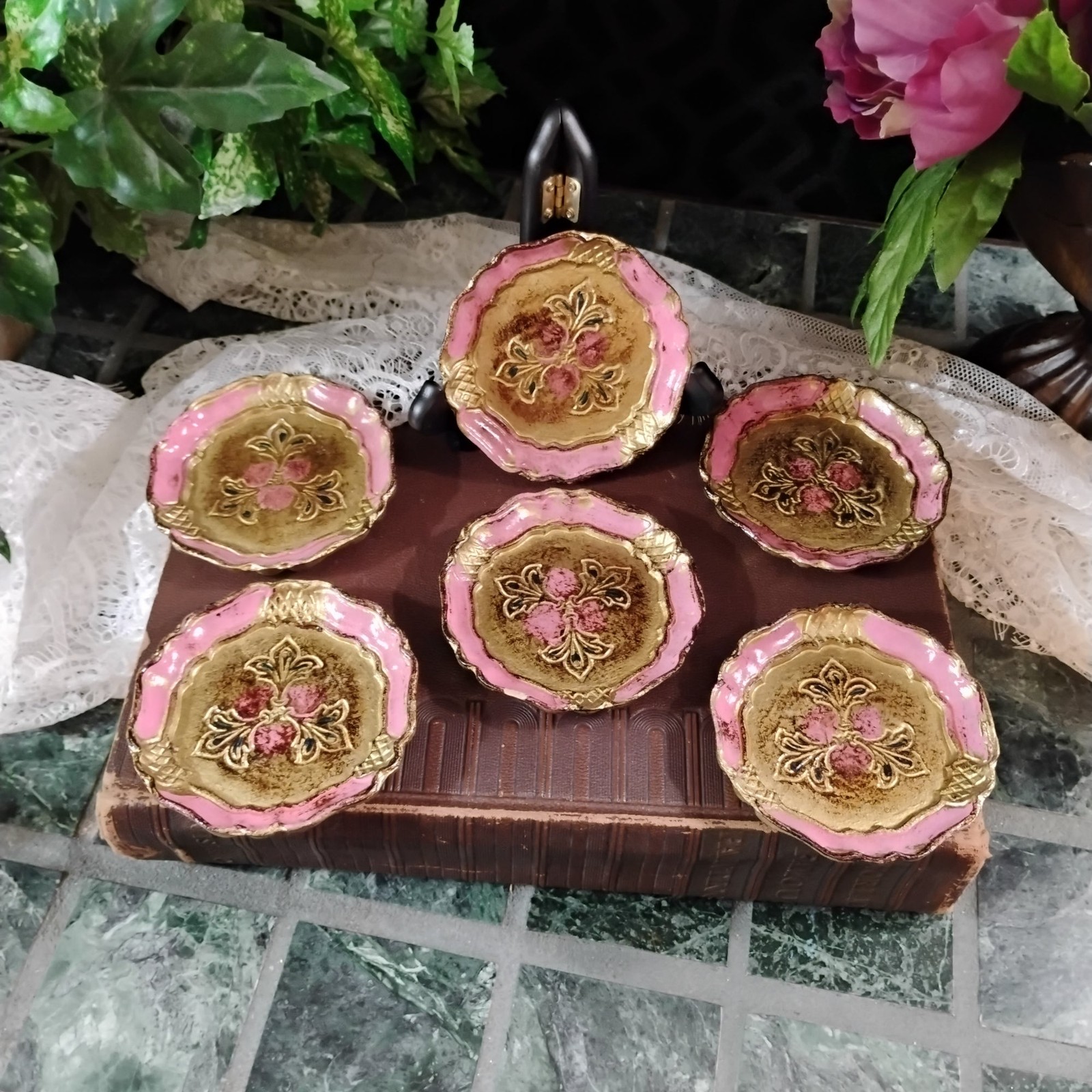 Italian Florentine Vintage Pink Gold Gilt Hand Painted Wooden Coasters, Set of 6