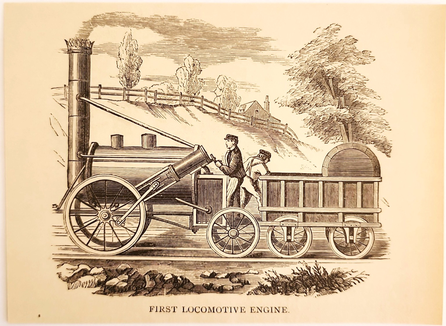 1886 First Locomotive Engine Wood Engraving Early Train Railroad Victorian
