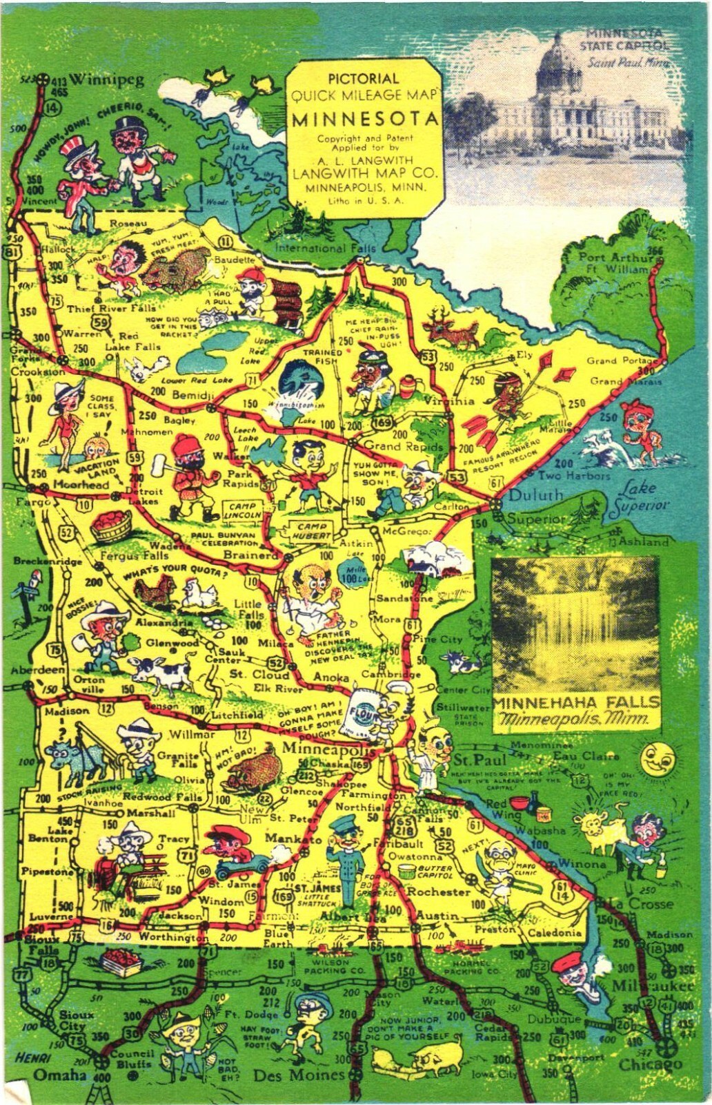 Minnesota Pictorial Mileage Map Linen Postcard 1939 Langwith Unused Minnesota Pictorial Mileage Map Linen Postcard 1939 Langwith Unused