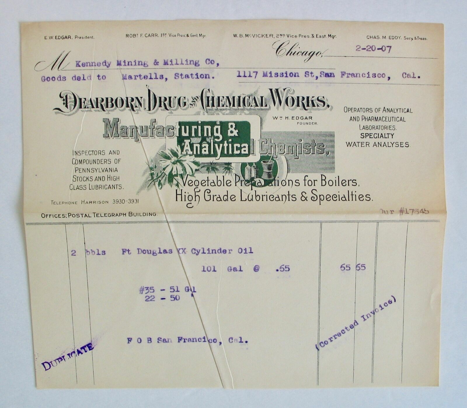 Antique 1907 Illustrated Billhead Chemist San Francisco California USA Chemical