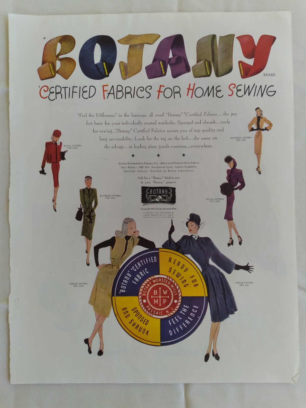 1945 Botany Certified Fabrics Vintage Ad Feel the difference