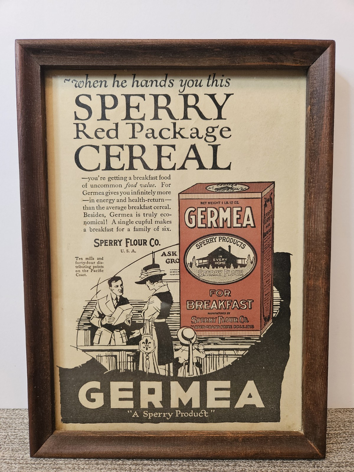 Antique 1890's Original Sperry Flour Co Germea Cereal Ad  Framed 12×8.5
