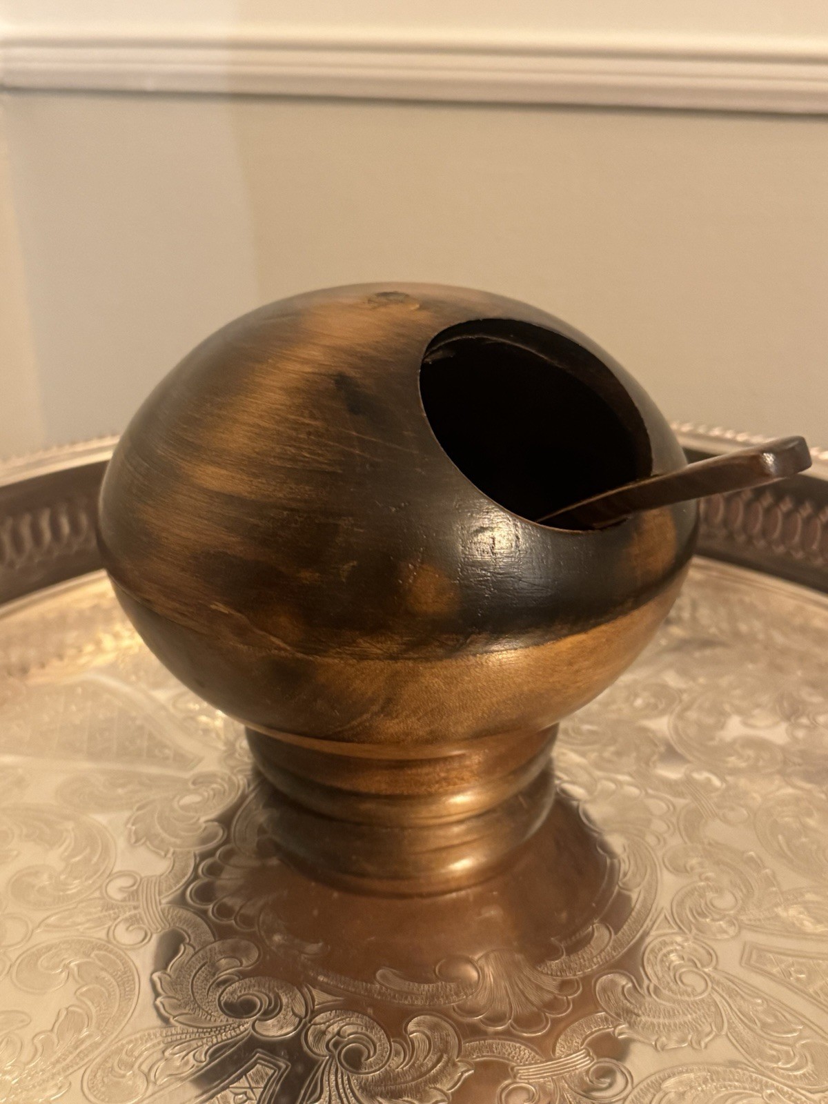 vintage mid-century modern turned wooden orb salt cellar or nut dish