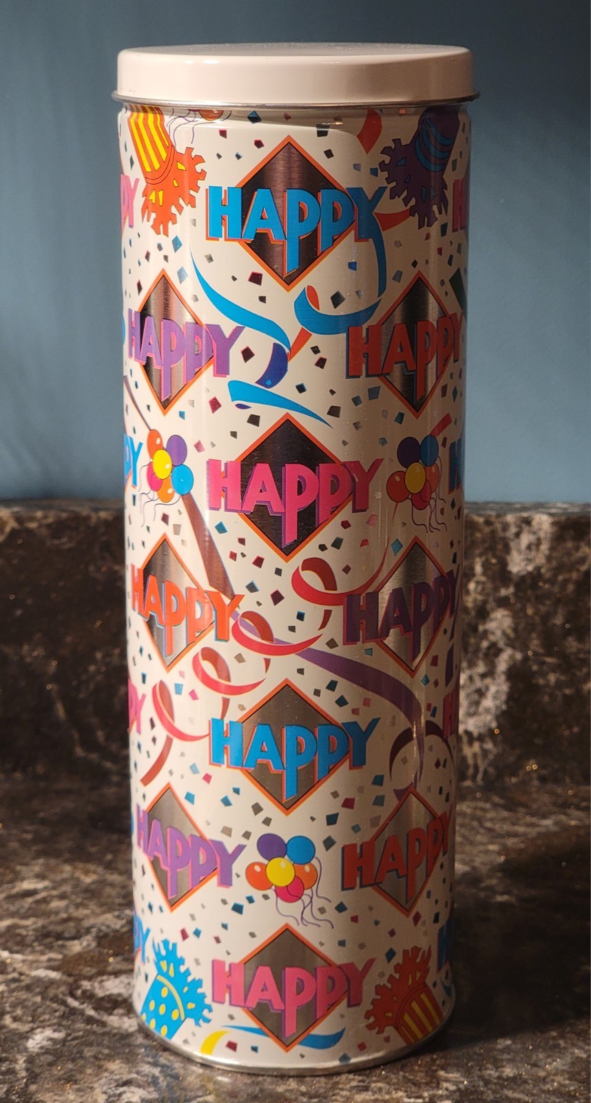 Vintage 1992 Olive Can ~ Happy Birthday Cylindrical Gift Tin 10.25 Vintage 1992 Olive Can ~ Happy Birthday Cylindrical Gift Tin 10.25