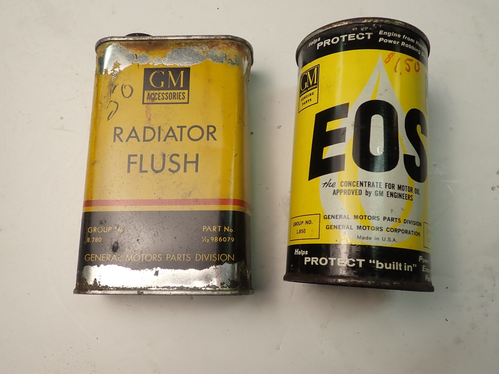 2 Vintage 1940s 1950s GM Radiator Flush & EOS Cans for Display Still Full 2 Vintage 1940s 1950s GM Radiator Flush & EOS Cans for Display Still Full
