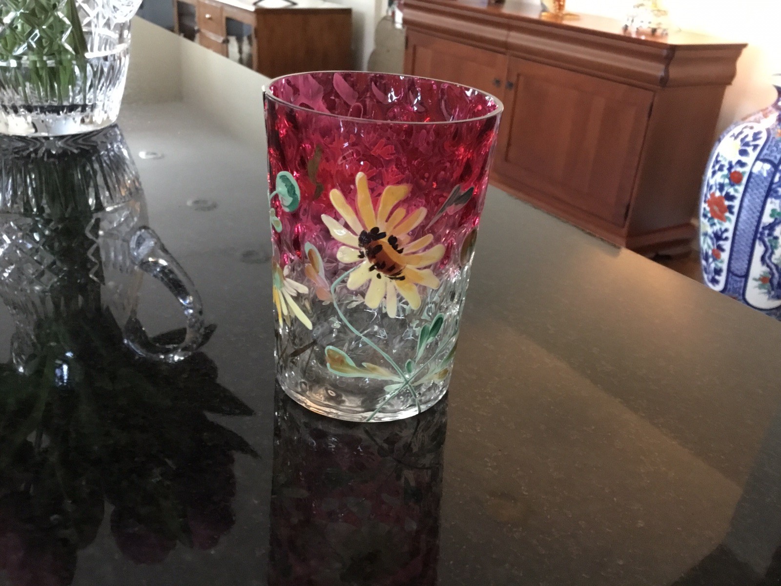 Victorian Art Glass Cranberry Dot Optic Enamel Floral Decorated Tumbler Victorian Art Glass Cranberry Dot Optic Enamel Floral Decorated Tumbler