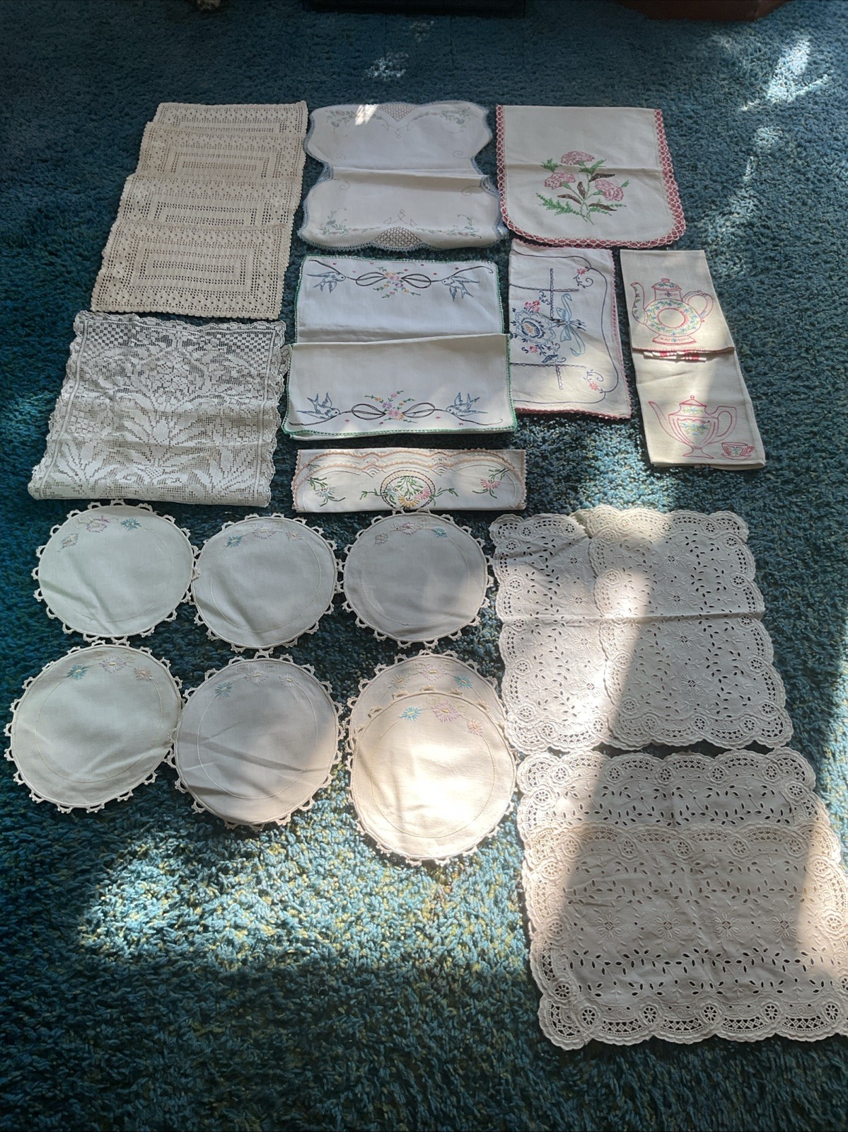 Lot of  23 Vtg Linens Embroidered Crocheted Doilies Runners Table Cutters NICE..