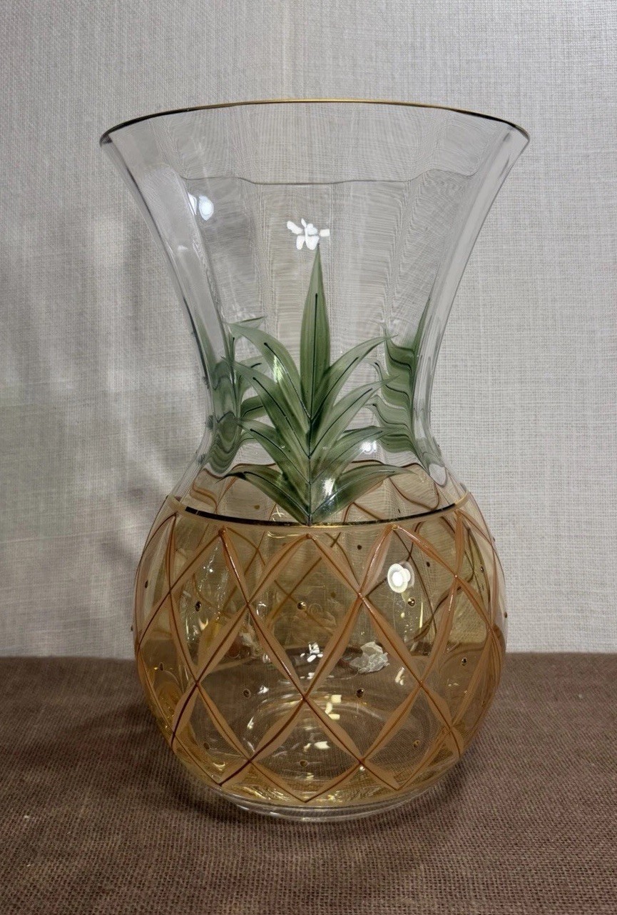 Vintage Large Romanian Handcrafted Hand Painted Heavy Crystal Pineapple Vase 12”
