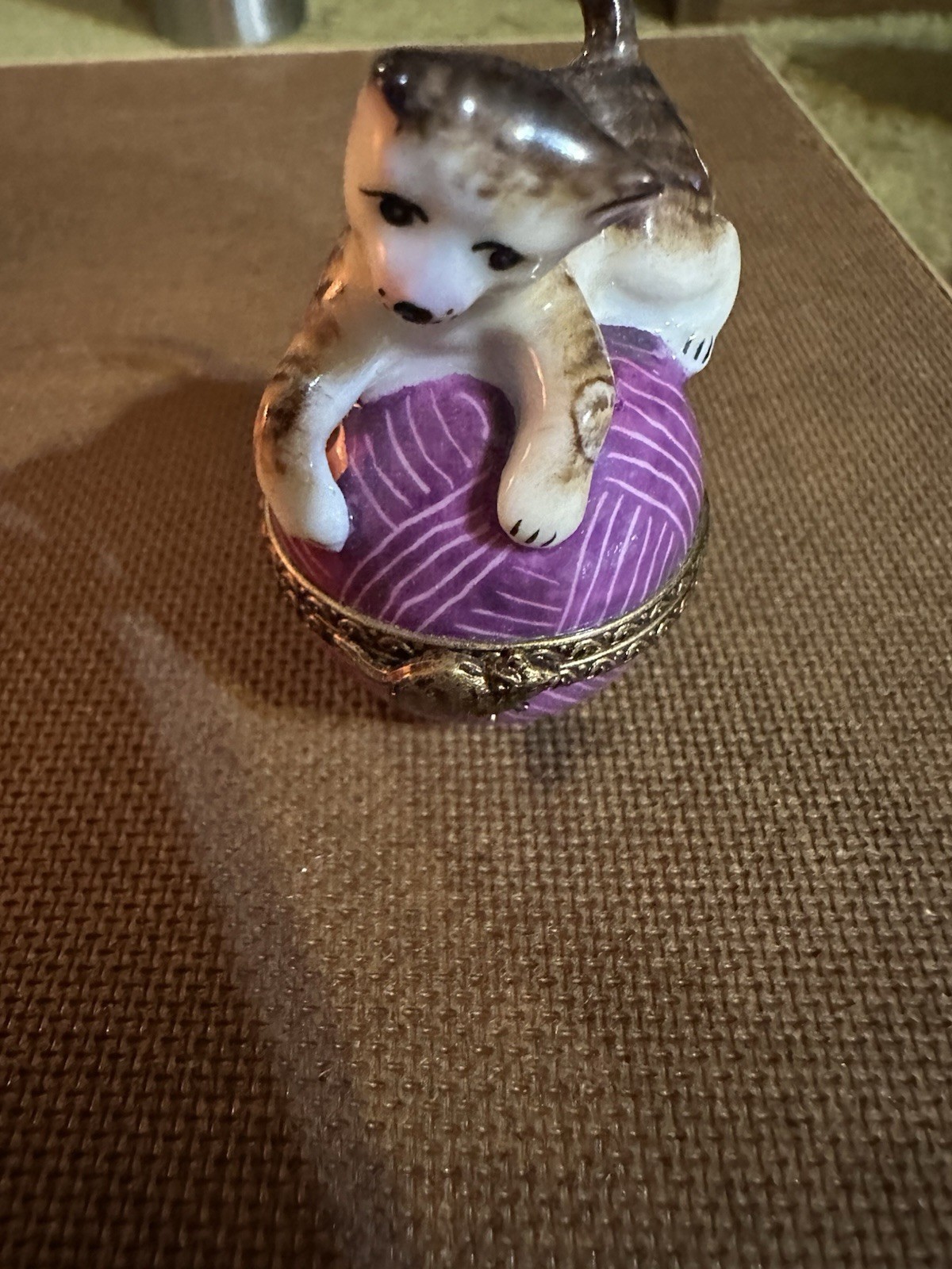 Limoges France Porcelain & Metal Cat on Purple Yarn Trinket Box