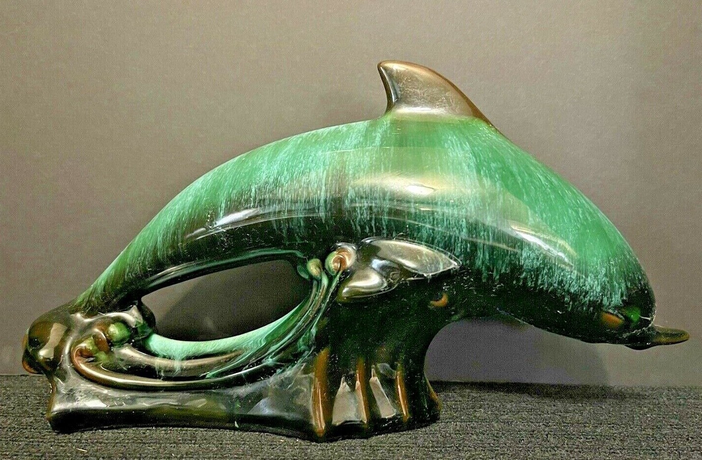  Green Dolphin On A Wave Red Clay Ceramic 12.5 x 7