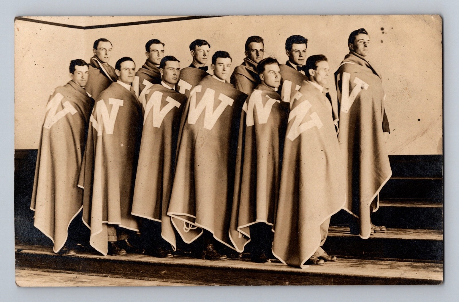 Wesleyan Men’s Baseball Team Photo Cloak Blanket “W” Postcard RPPC c1915 Ohio Wesleyan Men’s Baseball Team Photo Cloak Blanket “W” Postcard RPPC c1915 Ohio