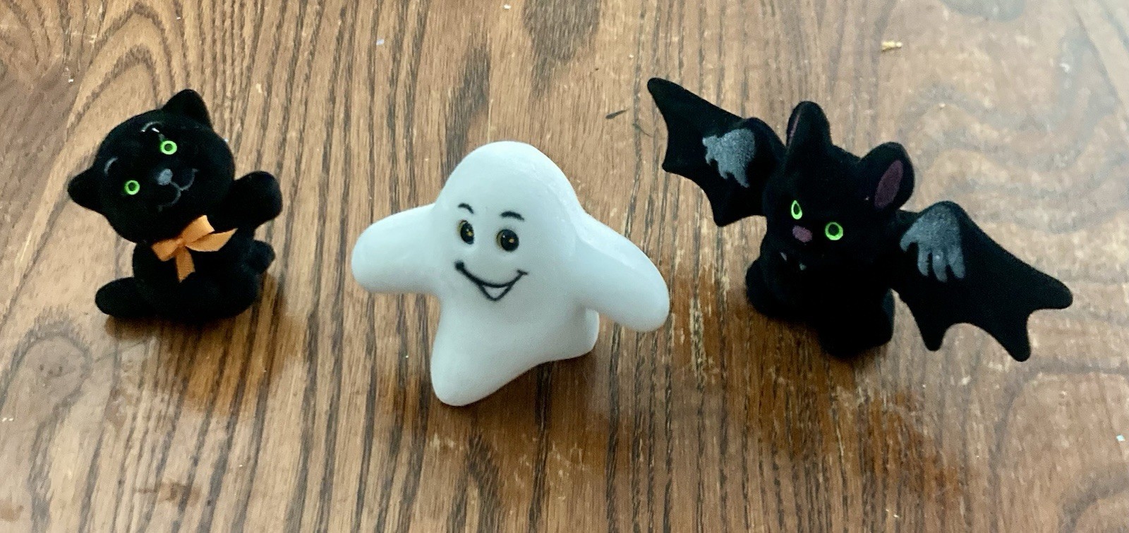 Three Small Vintage Flocked Halloween Decorations - Cat, Bat, and Ghost Three Small Vintage Flocked Halloween Decorations - Cat, Bat, and Ghost