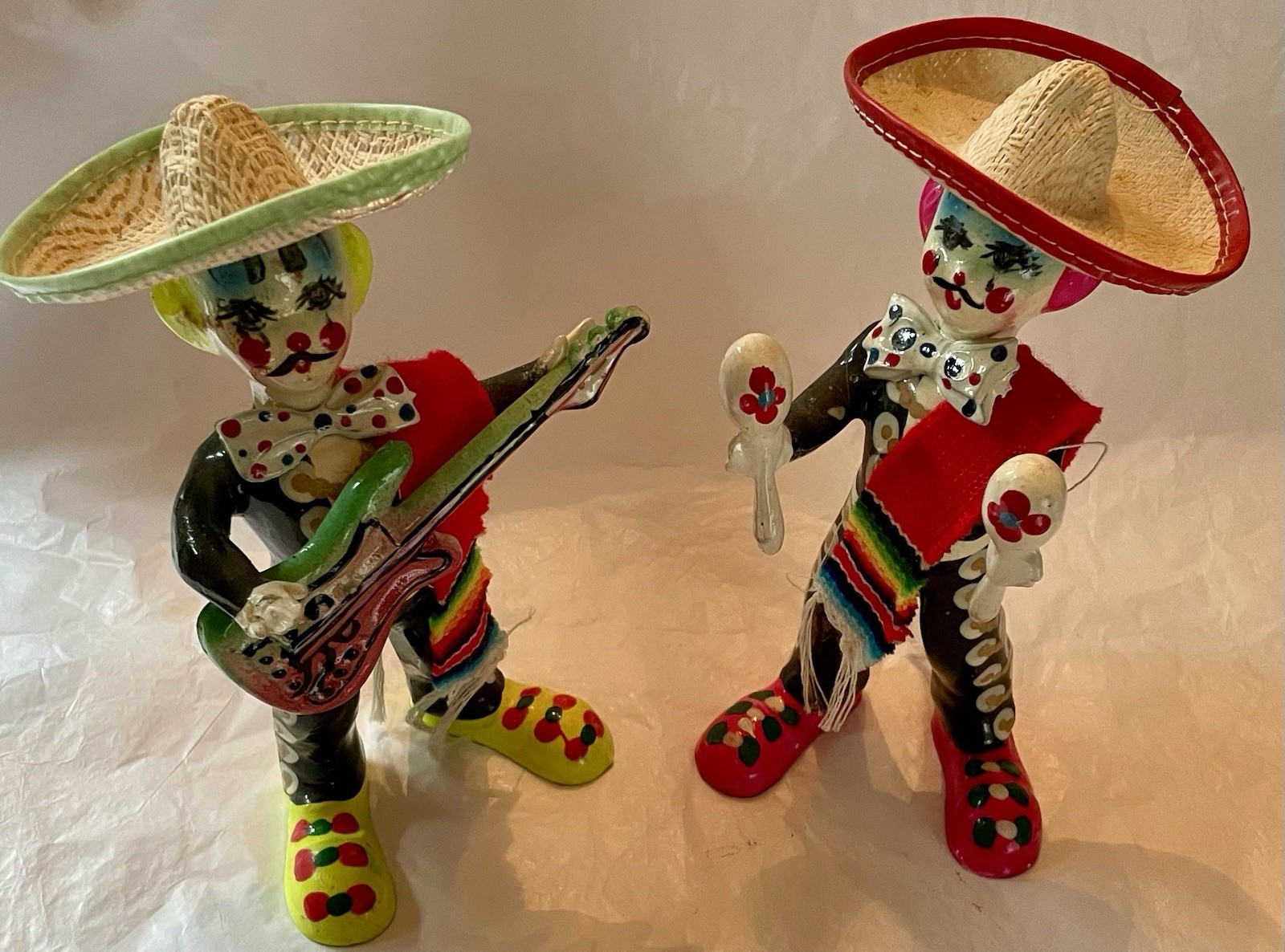 Mexican Art Mariachi Day Of Dead Clown Figurines Papier Mache Hand Painted VTG Mexican Art Mariachi Day Of Dead Clown Figurines Papier Mache Hand Painted VTG