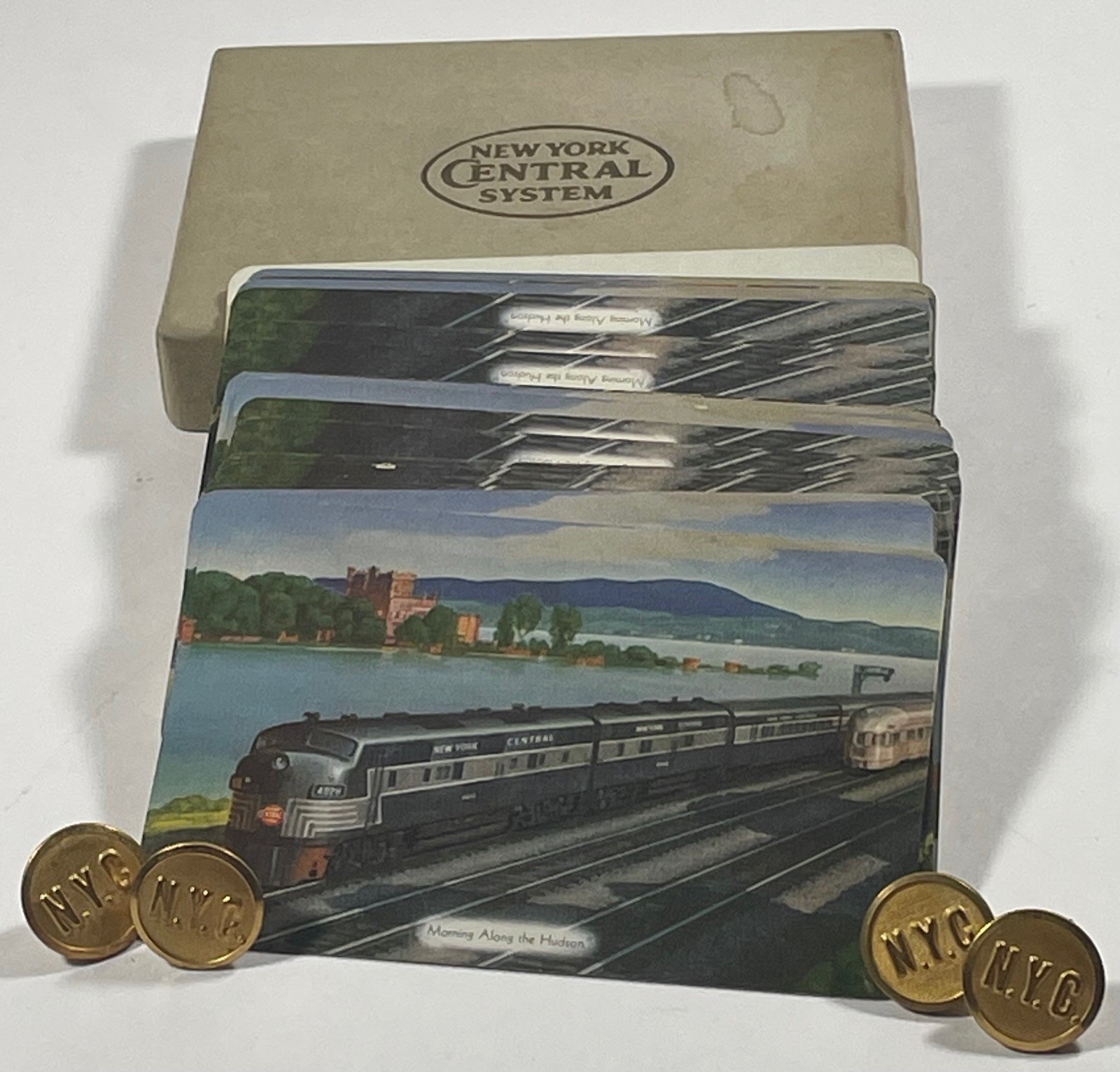 VINTAGE NEW YORK CENTRAL SYSTEM RAILROAD PLAYING CARDS + 4 UNIFORM BUTTONS