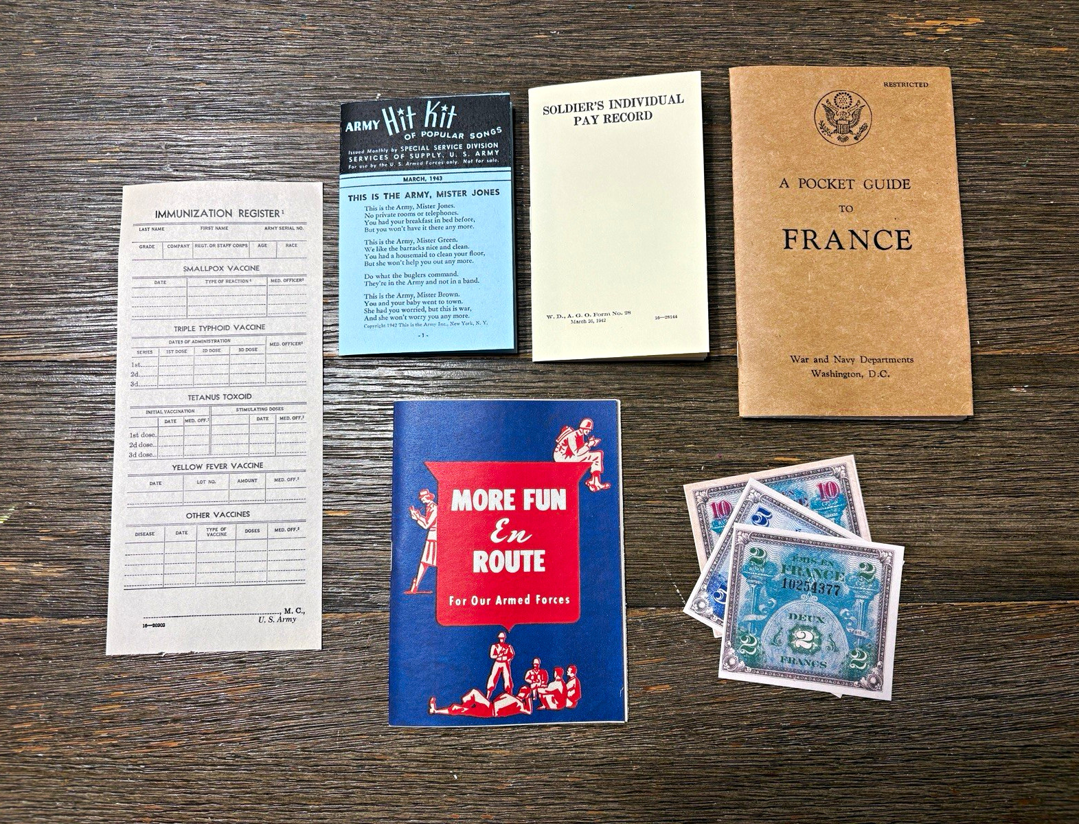WWII ETO GI Reproduction Paperwork Set France 1944 Reenactor Pocket Filler WWII ETO GI Reproduction Paperwork Set France 1944 Reenactor Pocket Filler