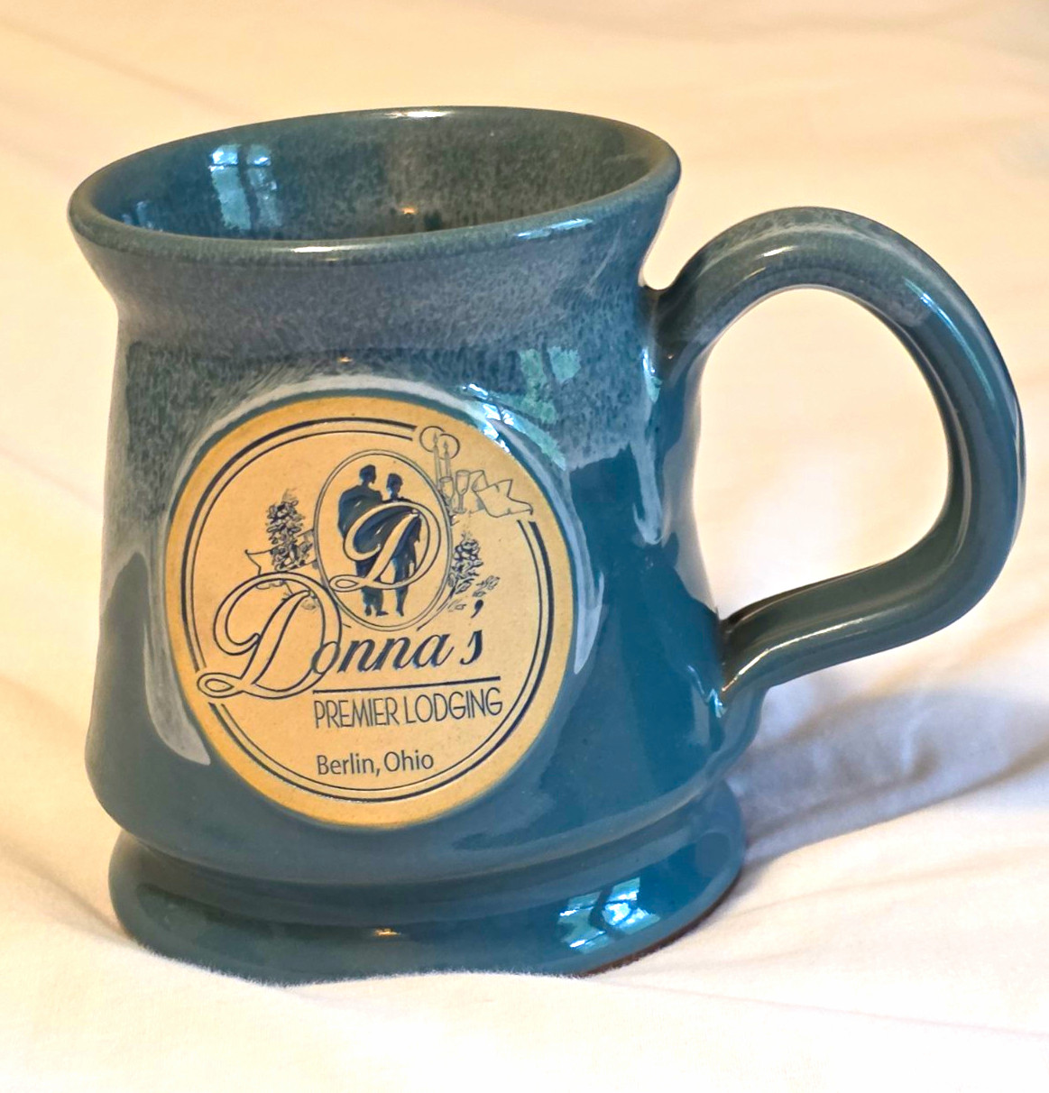 Deneen Pottery Blue Glazed Stoneware Logo Advertising Mug, Made in USA Deneen Pottery Blue Glazed Stoneware Logo Advertising Mug, Made in USA