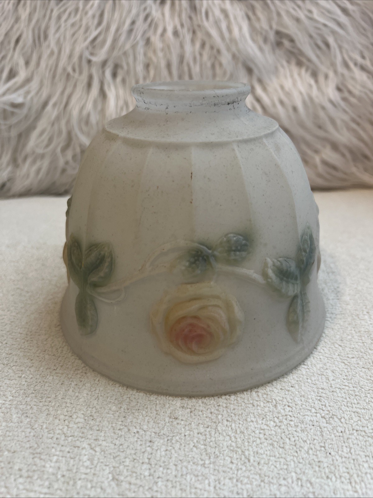 VTG Lamp Shade Satin Glass Floral Rose Reverse Paint Frosted 6” & 2” Diameters