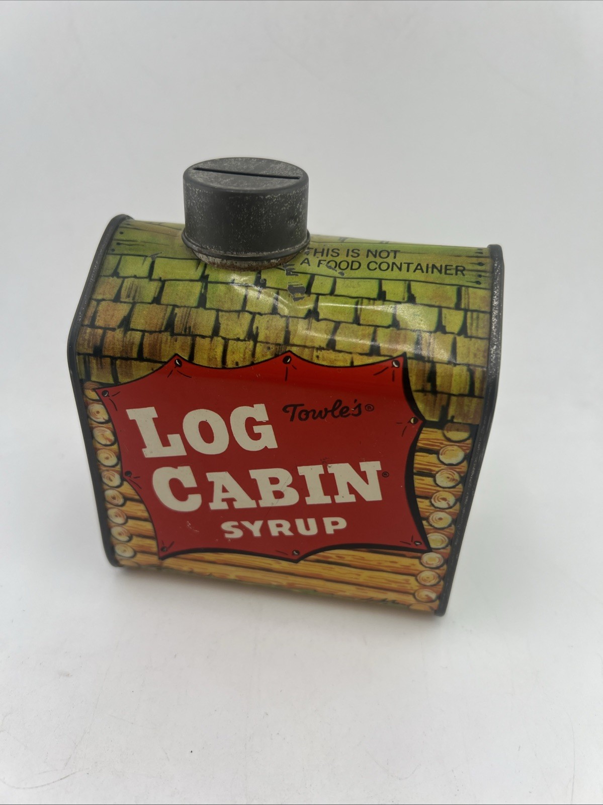 Vintage Towle's Log Cabin Syrup Tin Coin Bank with Cap