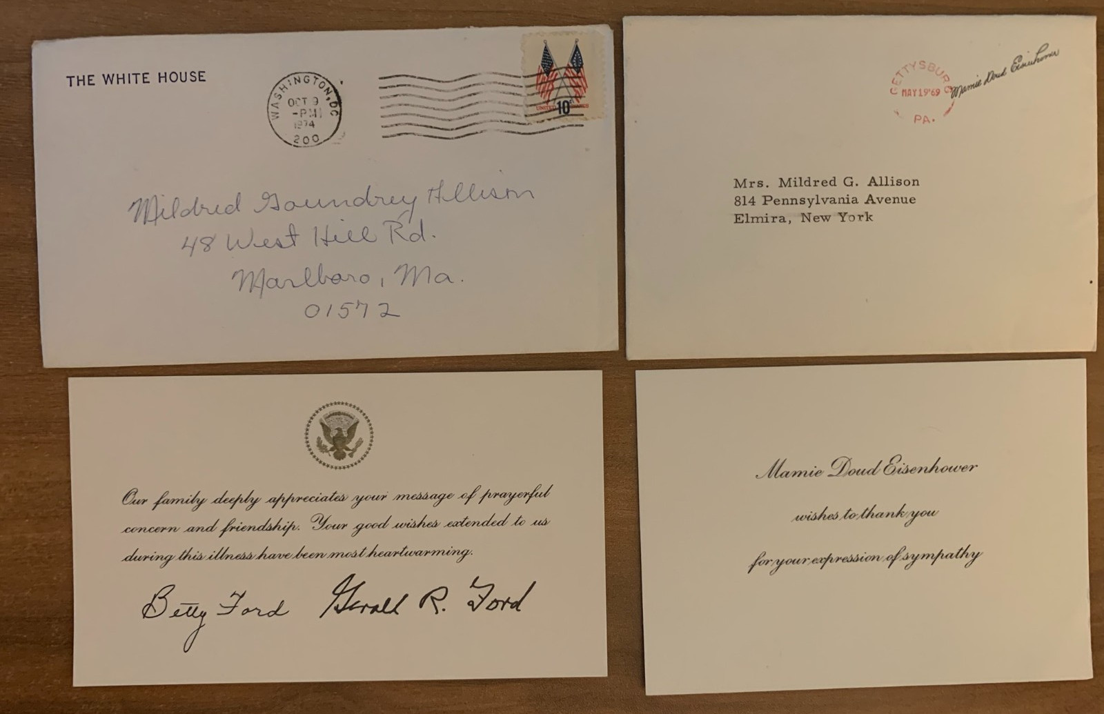 Thank you card signed Betty & Gerald Ford 1974 AND Mamie Eisenhower Card 1969