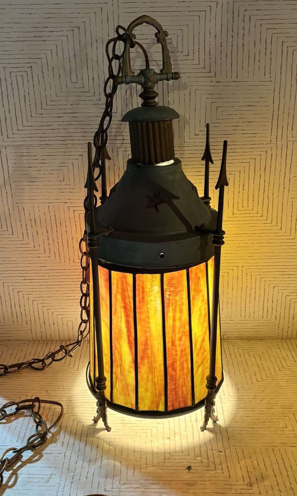 Vintage XL Medieval Gothic Hanging Lamp Light Slag Glass Tudor Cathedral