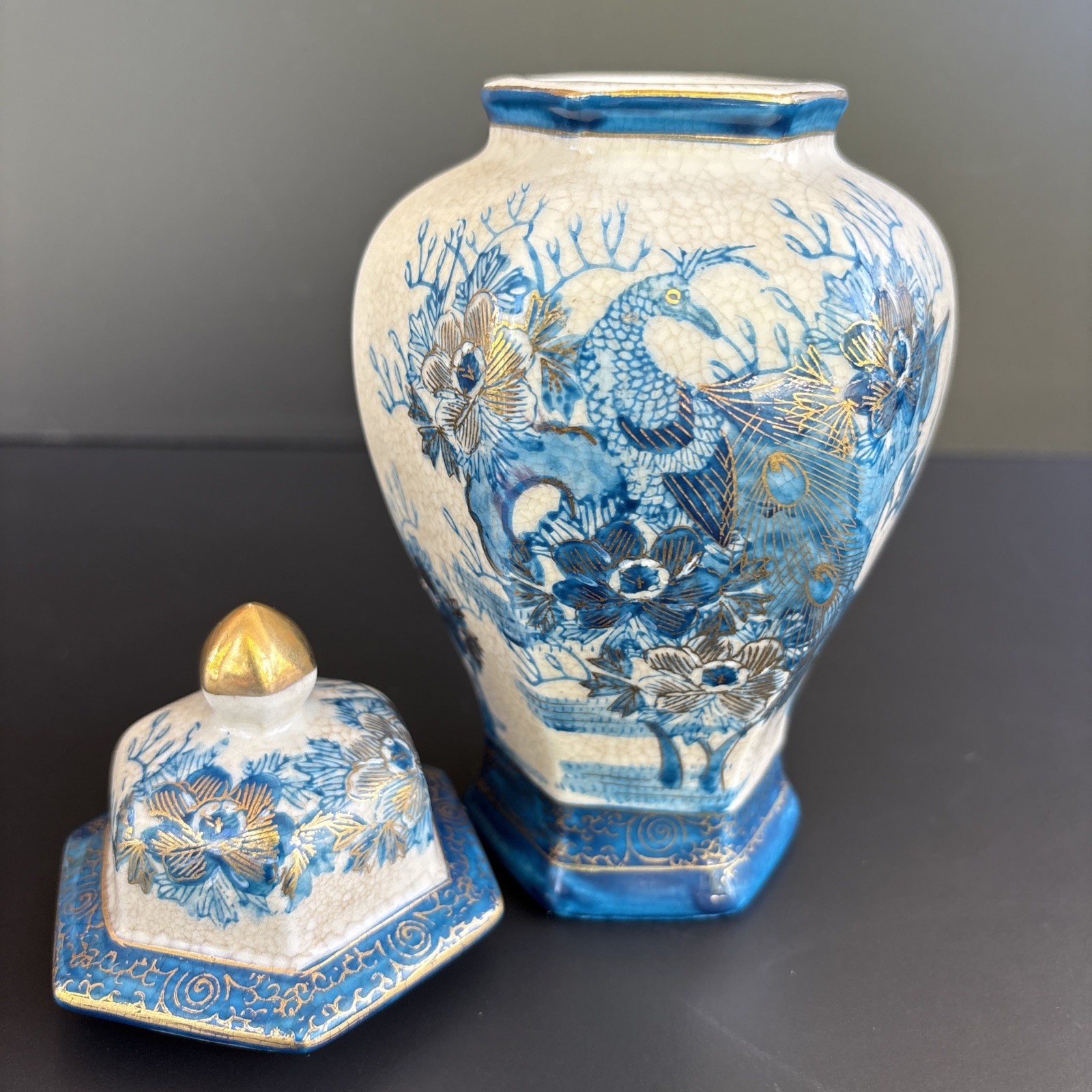 Japanese Genuine Kutani Marked Ginger Jar Antique Blue Peacocks & Gold Trim RARE Japanese Genuine Kutani Marked Ginger Jar Antique Blue Peacocks & Gold Trim RARE