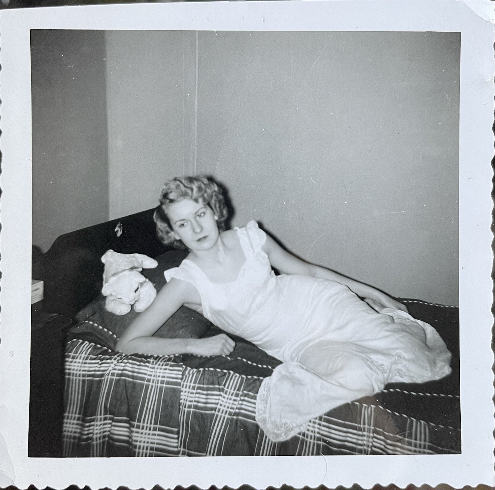 Vintage Photo Beautiful Woman in Nightgown w/ Lamb Chop 1950s