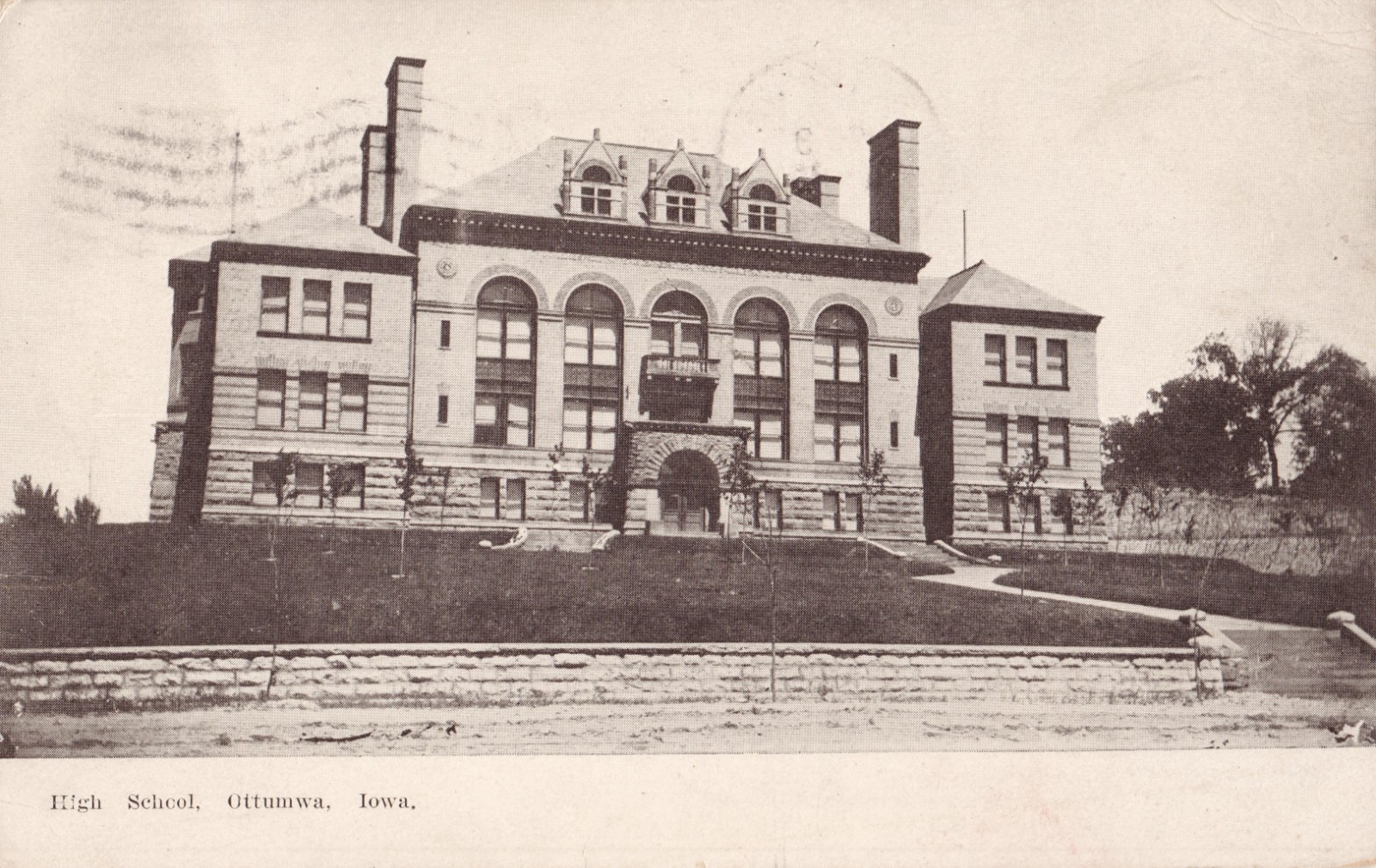 Postcard High School Ottumwa Iowa 1907 Doane Cancel stamp note posted