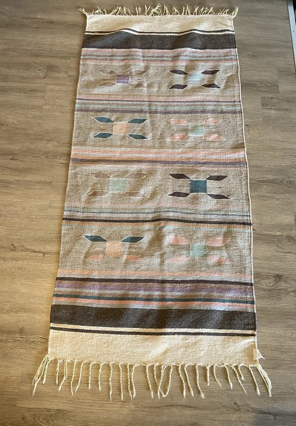 Vintage Mexican Zapotec Oaxac Woven Wool Wall Rug Boho Kilim Reversible Runner