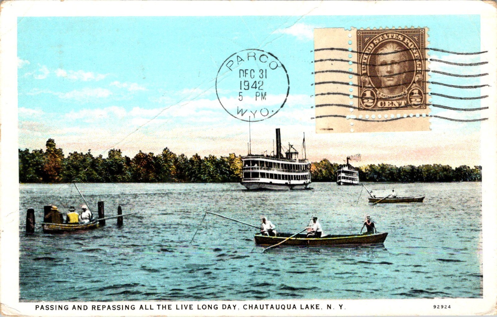 Chautauqua Lake NY Steamboats Rowboats Linen Postcard 1942 Posted Wyoming