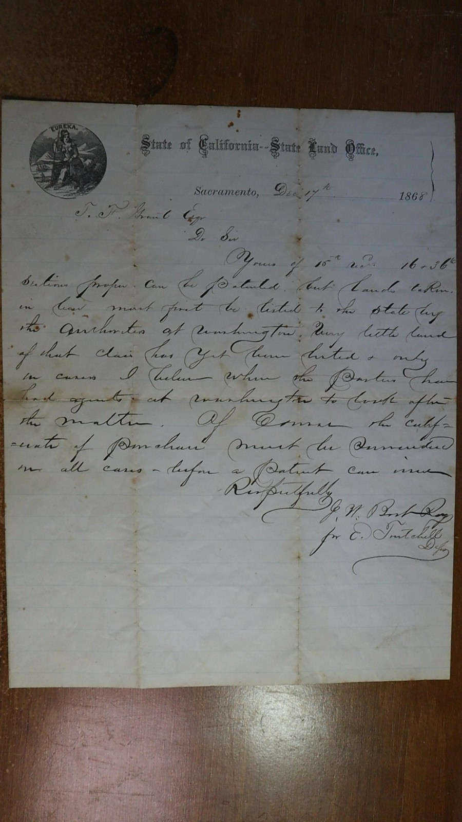 1868 Sacramento California Land Office Letterhead Eureka State Seal Bear Letter